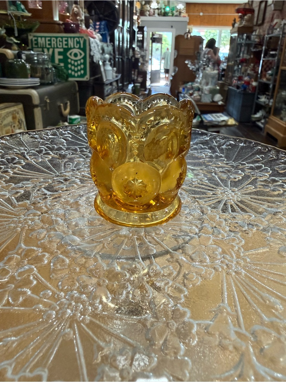 L.E. Smith Amber Glass Moon And Stars Toothpick Holder Vintage MCM